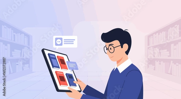 Fototapeta Man Reading Digital Books On Tablet In Virtual Library Environment Concept