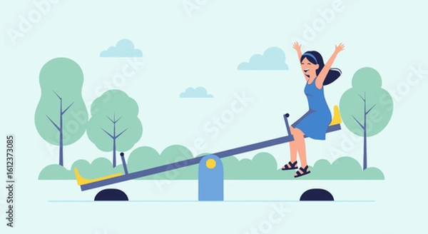 Obraz Joyful Woman Playing On A See Saw In The Park Simple Illustration