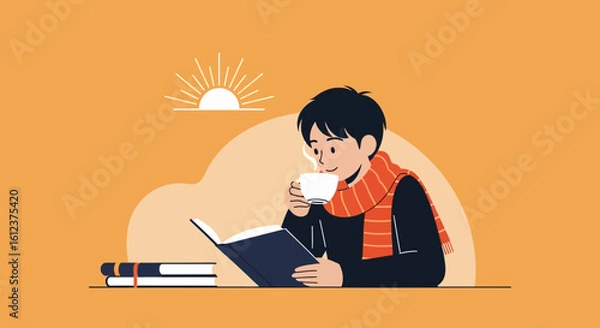 Fototapeta Man Enjoying Morning Reading Time With Hot Beverage During Sunrise