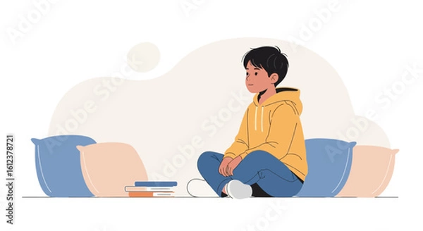 Obraz Thoughtful Young Student Studying At Home Sitting On Pillows With Books