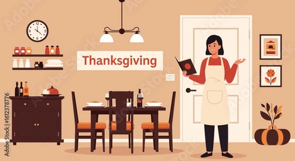 Fototapeta Woman Preparing Thanksgiving Dinner And Checking Recipe In The Dining Room