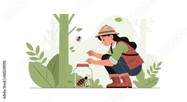 Obraz Young Naturalist Exploring Forest Capturing Beetle With Glass Jar