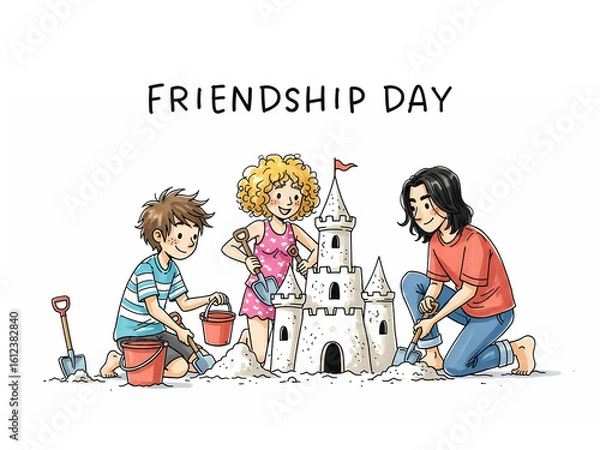 Obraz Friendship Day: Three Friends Building a Sandcastle