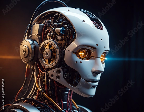 Fototapeta The robot's head is half open, with wires and mechanisms visible inside.