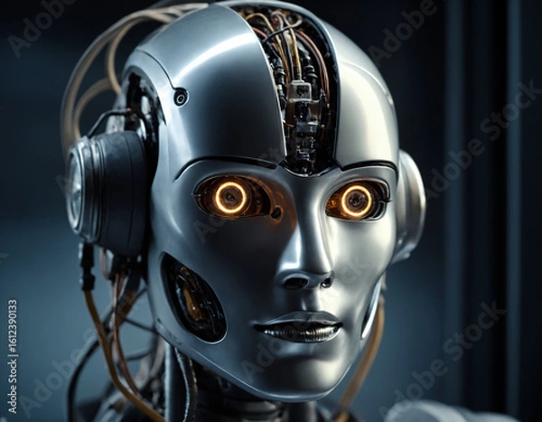 Fototapeta The robot's head is half open, with wires and mechanisms visible inside.