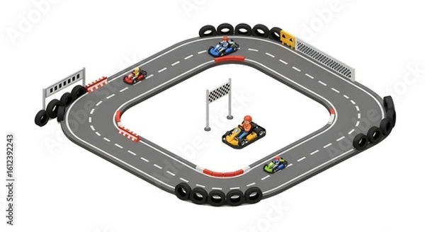 Fototapeta Isometric illustration of a go-kart race on a circuit track with competitors racing for the finish line