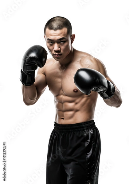 Fototapeta Focused Asian boxer in striking pose wearing black gloves, ready for intense action