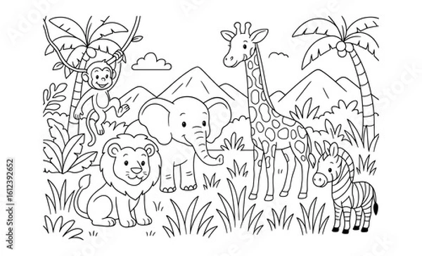 Fototapeta Cute jungle animals in black and white line art for kids' coloring activity