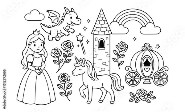 Obraz Whimsical fairy tale elements: princess, unicorn, dragon, and castle
