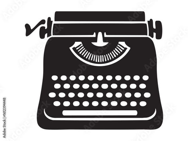 Fototapeta Black silhouette of vintage typewriter isolated on white background, graphic illustration. concept of writing, literature, retro technology, icon, logo, design element