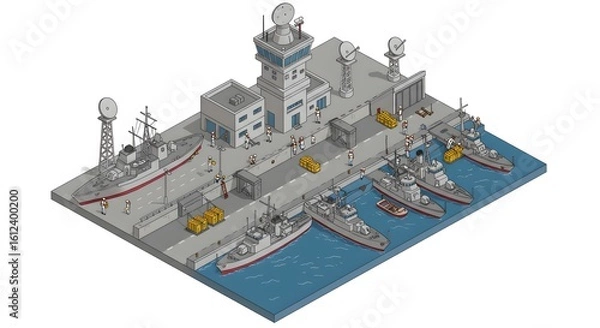 Fototapeta Isometric illustration of a military naval base with warships docked at the harbor pier and a central control tower.