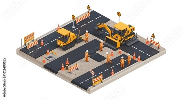 Fototapeta Isometric view of a road construction site with workers and heavy machinery. Infrastructure development and street repair project concept.
