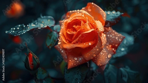 Fototapeta A vibrant orange rose, glistening with raindrops, is the focal point against a dark, moody backdrop of foliage and an unopened bud