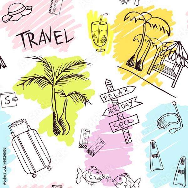 Fototapeta Travel pattern with trip attributes on transparent background. Background with tourist attributes for design flyers, web, cards, invitations, letters, advertising