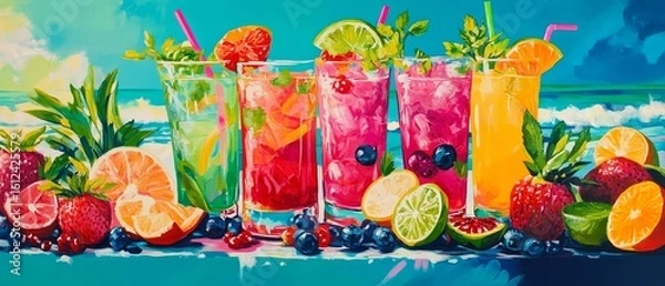 Fototapeta A refreshing assortment of colorful cocktails and tropical juice drinks garnished with vibrant fruits and herbs, perfect for a sunny day by the beach
