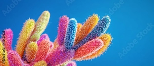 Fototapeta A vibrant cactus plant bursting with color stands out strikingly against a bright blue background, showcasing its unique shape and textures