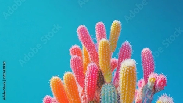 Fototapeta A vibrant cactus plant bursting with color stands out strikingly against a bright blue background, showcasing its unique shape and textures