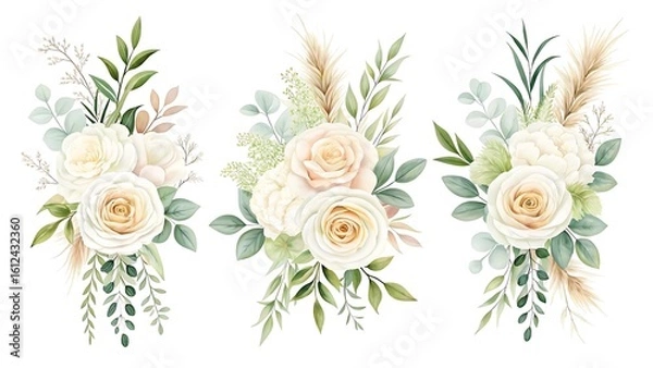 Obraz Elegant watercolor floral arrangements featuring cream roses and pampas grass for romantic designs