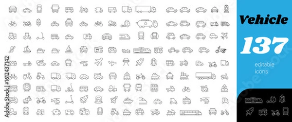 Fototapeta Vehicle icon set - Line black icon - Vehicle Line Editable Icons set. Vector illustration in modern thin line style of transport icon types: taxi, train, helicopter, bus, ship, plane, tram and more
