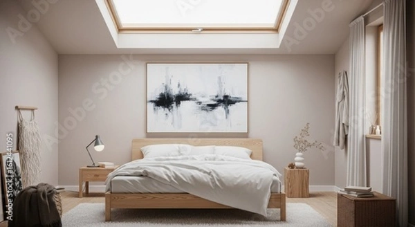 Obraz Serene minimalist bedroom with skylight, wooden furniture, soft lighting, and abstract artwork.