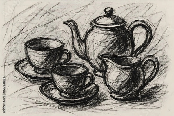 Fototapeta Charcoal Sketch Still Life Teapot Cups Saucers Creamer Art Drawing Monochrome Study