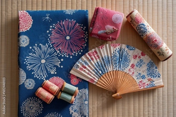 Fototapeta 和室に置かれた扇子と和小物（和雑貨・背景・壁紙・コピースペース）