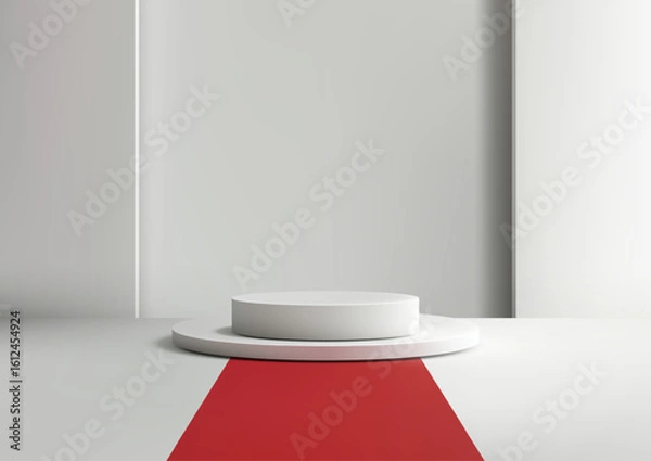 Fototapeta mockup display podium with white circular pedestals on red carpet in clean white background for product presentation showroom showcase minimal modern concept