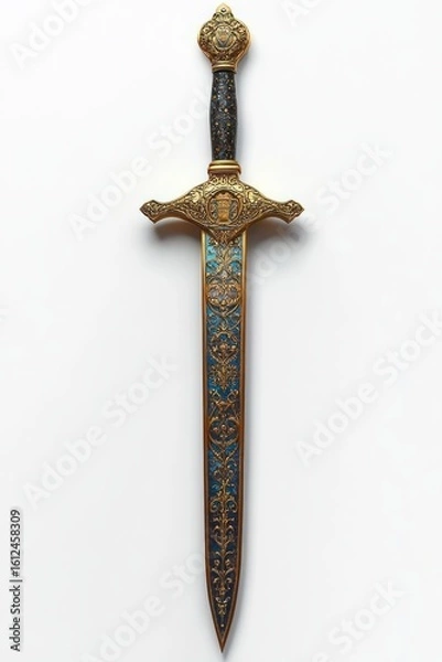 Fototapeta ornate gold and blue decorative sword with intricate floral patterns and an embellished hilt on a white background