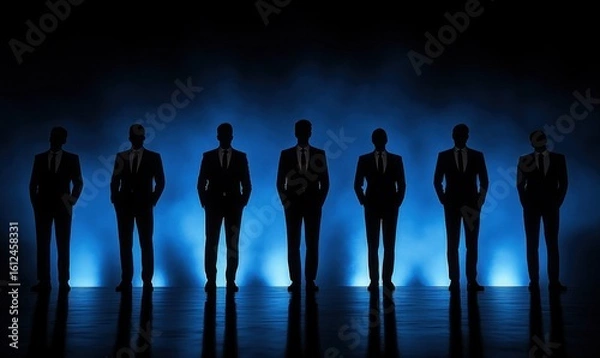 Fototapeta Seven men in suits standing in a row with hands in pockets against a dramatic blue backlight creating silhouettes and reflections on the floor, evoking mystery and professionalism