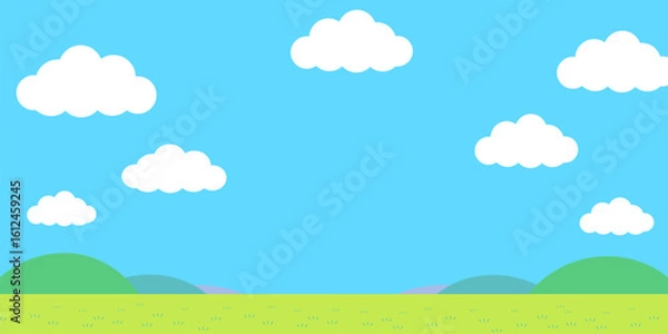 Obraz 青空とたくさんの雲と草原の横長のシンプルなイラスト