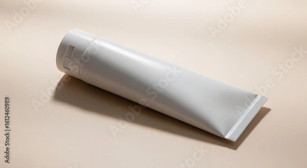 Obraz A pristine white tube of skincare cream or lotion rests elegantly on a soft beige background, showcasing its minimalist design and clean aesthetic.
