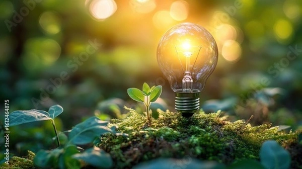 Fototapeta Glowing light bulb placed on mossy ground surrounded by small green plants with a warm sunlight background conveying growth and energy