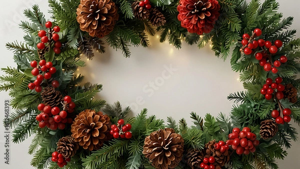 Fototapeta Festive christmas wreath with pinecones and red berries