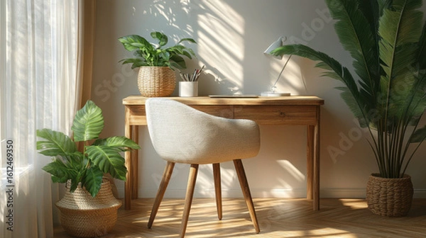 Fototapeta Cozy home office with wooden desk and comfortable chair is adorned with lush green plants, creating serene and inviting atmosphere. Sunlight filters through sheer curtains, casting gentle shadows