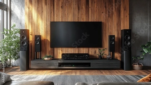 Fototapeta Modern living room with large flat-screen TV mounted on wooden wall, stereo speakers, media console, potted plants, and cozy natural sunlight atmosphere