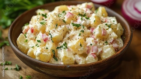 Fototapeta Close-up of creamy potato salad with diced red bell peppers, fresh parsley, and black pepper in a wooden bowl on a rustic wooden surface