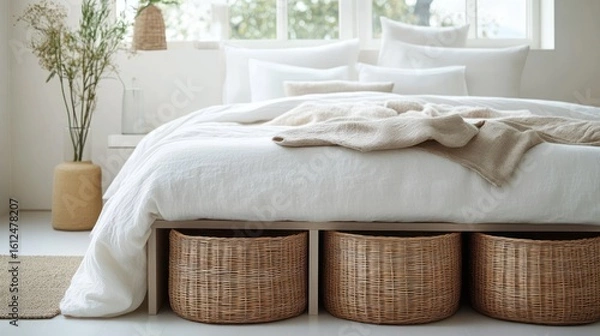 Obraz Cozy bedroom with a neatly made bed featuring white linens and a beige throw blanket, three large woven baskets under the bed, a neutral-toned rug, and a potted plant near a large window