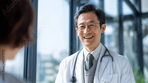 Obraz 病院内で医者が患者さんを診察して話している写真