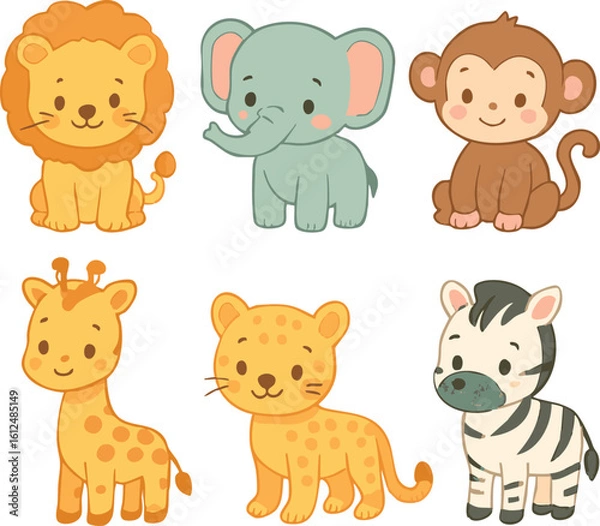 Fototapeta Vector art of a delightful set of baby safari animals including a lion, elephant, monkey, giraffe, leopard, and zebra isolated on transparent background