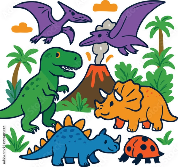 Fototapeta Vector art of a vibrant prehistoric scene featuring a variety of friendly dinosaurs and a smoking volcano, perfect for childrens illustrations isolated on transparent background