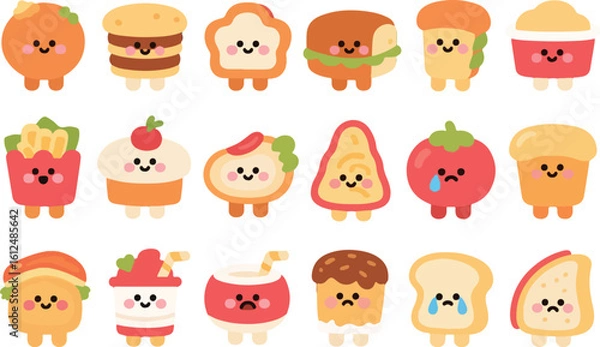 Fototapeta Cute kawaii food characters with happy faces isolated on transparent background