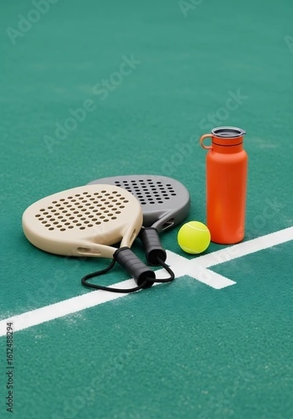 Obraz Paddle tennis essentials on a court, Paddle tennis equipment on a green court ready for a game with a water bottle