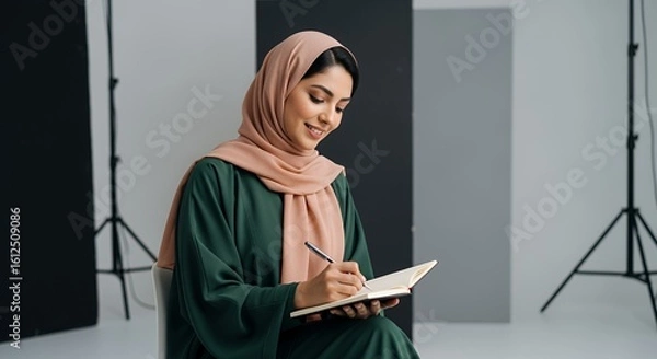 Fototapeta A woman in a hijab thoughtfully writes in her journal, lost in contemplation and personal reflection.