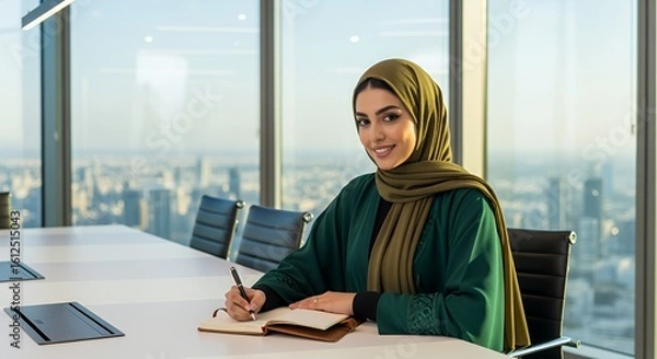 Fototapeta A successful businesswoman in a hijab sits at a conference table in a modern , thoughtfully writing in a notebook.