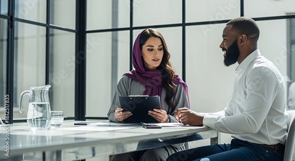 Fototapeta A man and woman in professional attire review documents together during a business meeting in a modern .