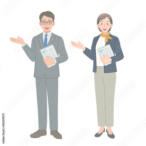 Obraz 書類を持って案内をする中年のビジネスマンの男女