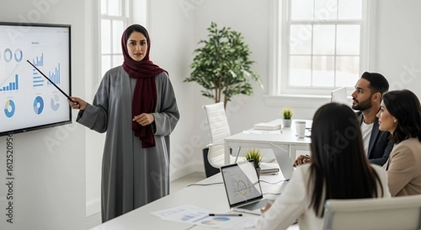 Fototapeta A businesswoman in traditional attire confidently presents a financial report to a diverse team of colleagues during a meeting.
