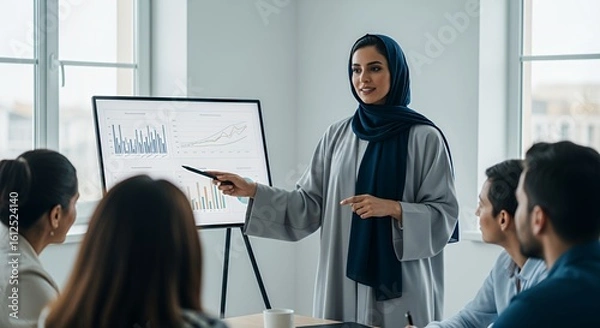 Fototapeta A confident businesswoman in a hijab presents a financial graph to a diverse team during a productive meeting.