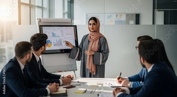 Fototapeta A confident businesswoman in a hijab presents financial data to a diverse team during a boardroom meeting.