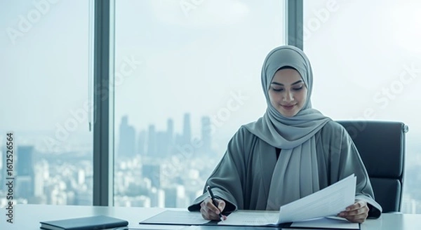 Fototapeta A Muslim businesswoman in a modern reviews important documents while sitting at her desk overlooking a cityscape.